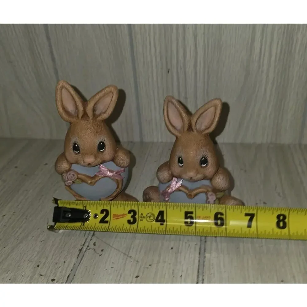 Vtg Brown Easter Bunnies Holding Pink Hearts Bows Cottagecore Heritage Kitsch
